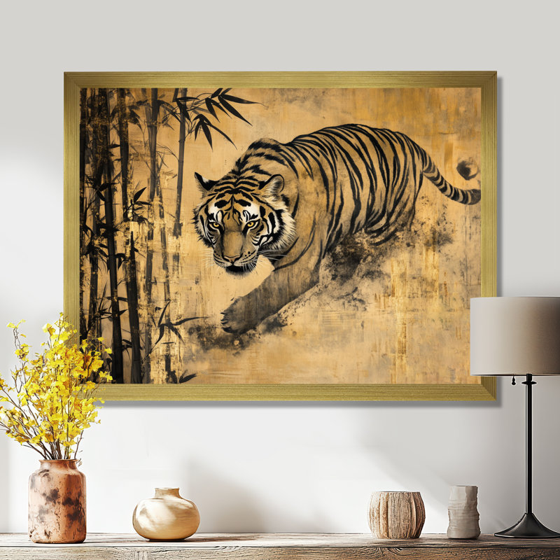 Tigre parmi les bambous I - Tableau encadré de style chinoiserie, H 34 po x l 44 po, Gold Picture Framed