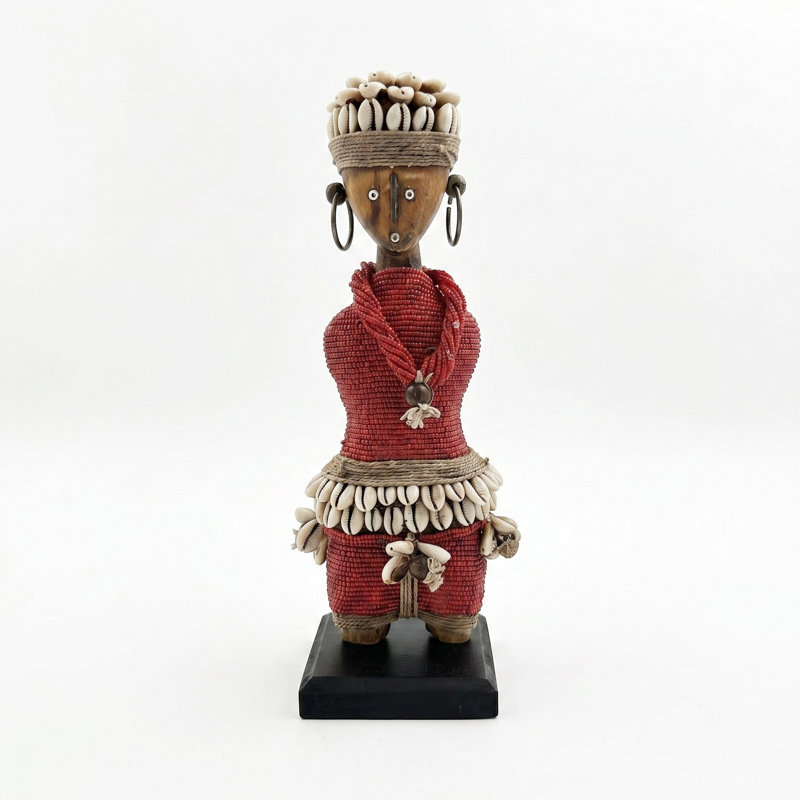 African Beaded Namji Doll, Small 11 in, Red, Cowrie