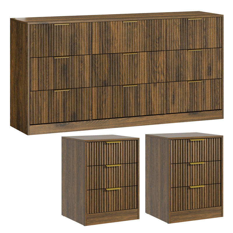 Ensemble 3 pièces commode 9 tiroirs et table de chevet 3 tiroirs, Noyer