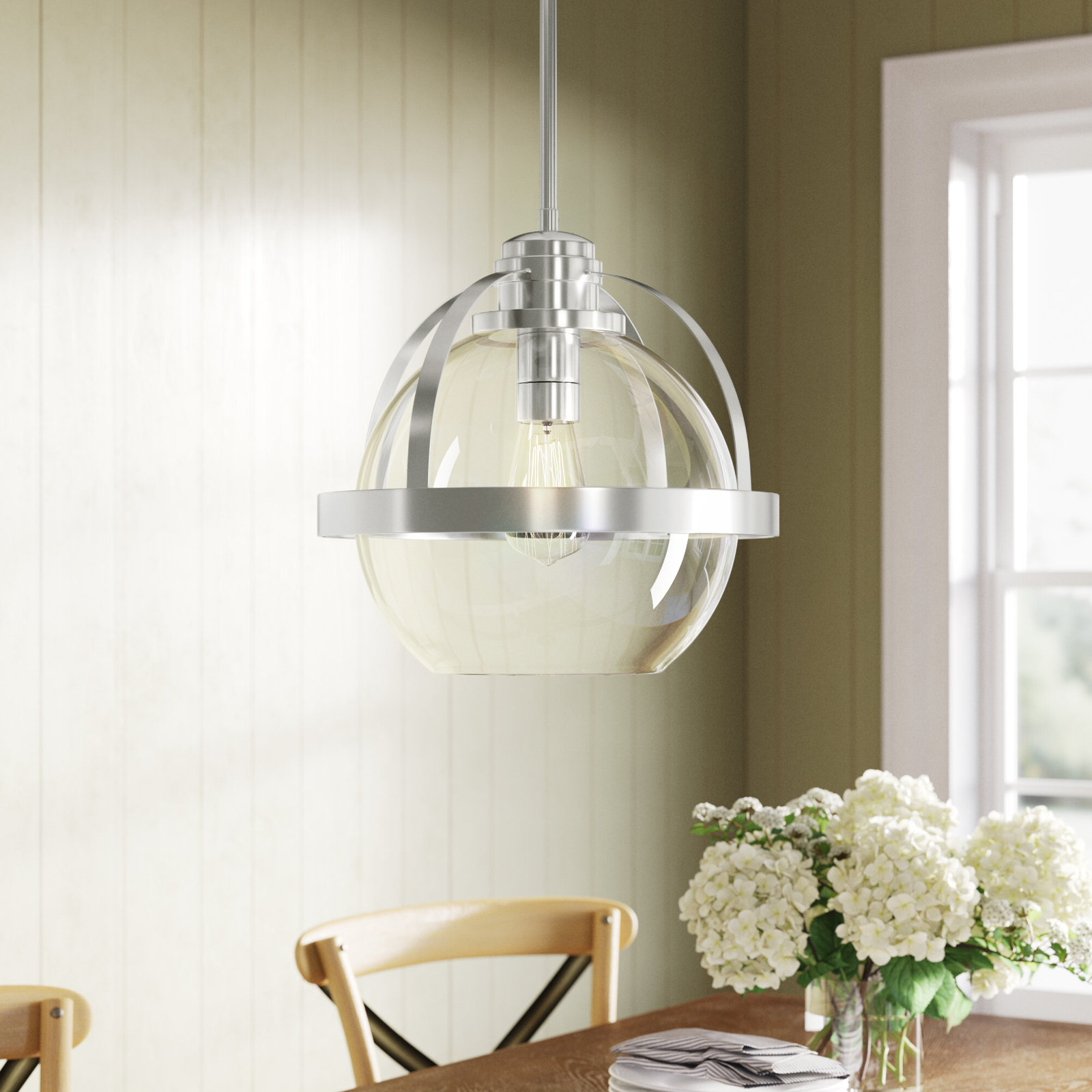 Single Light Glass Dimmable Pendant, Satin Nickel