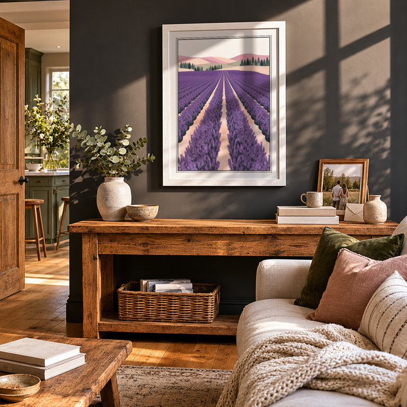 Lavender Fields at Dusk Pastoral - Framed Print, A3 - 42.0 x 29.7 cm, White