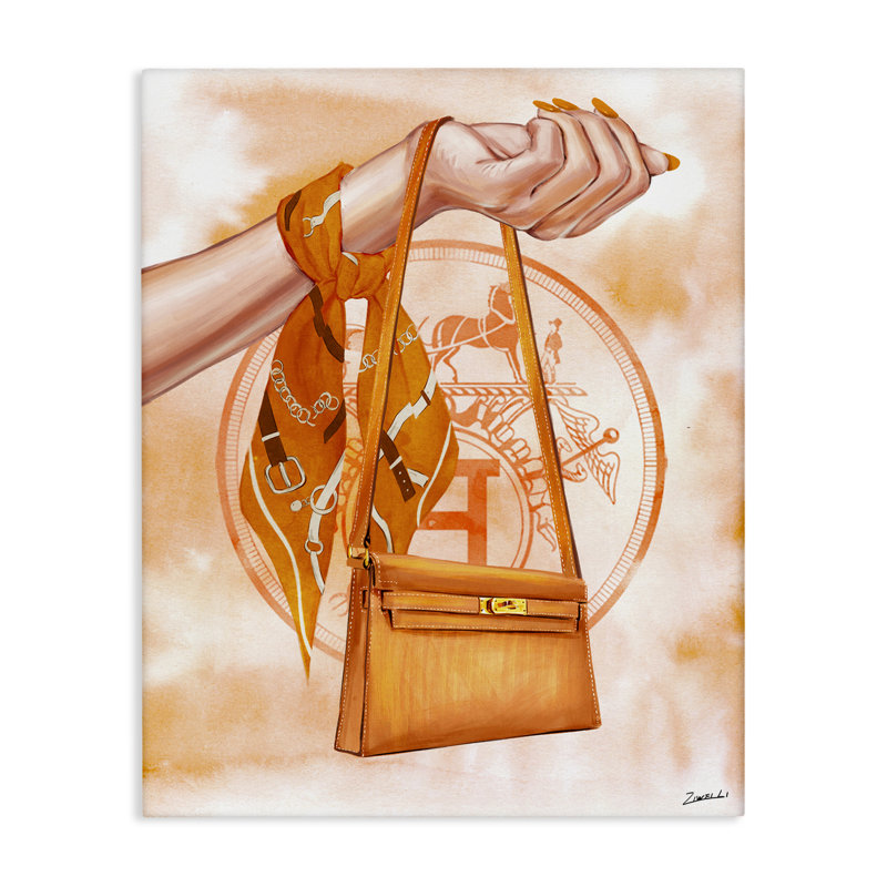 Art sur toile tenant un sac à main orange par Ziwei Li, H 48 po x l 36 po