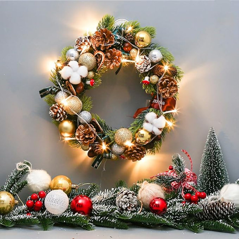 Couronne de Noël artificielle pré-éclairée, couronnes de Noël éclairées pour la porte d'entrée, couronne de Noël intérieure et extérieure pour les décorations de Noël