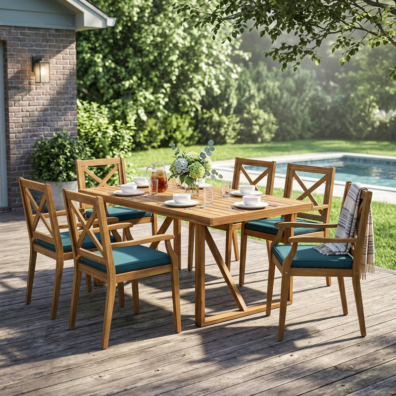 Ensemble de salle à manger d'extérieur en bois d'acacia 7 pièces avec coussins bleus, 6 chaises modernes et 1 grande table