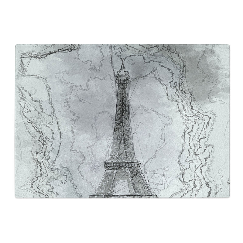 Tempered Glass a Moody Eiffel Tower in Paris France Sketch Chopping Board, 28.5 cm x 39 cm