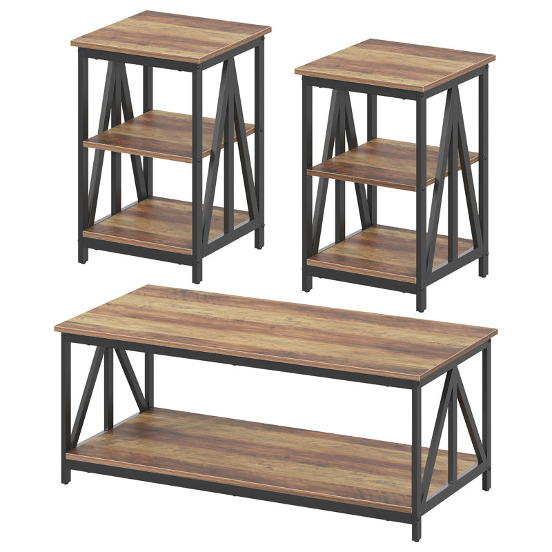 17 Stories Living Room Coffee Table Set of 3, Industrial Triangular-Design Coffee Table and 2 End Side Tables, 3 Piece Living Room Table Set with Large Storage for Apartment Home