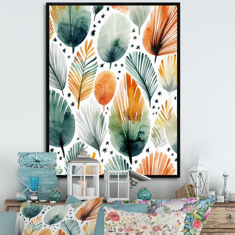 «Teal Orange Scandinave Floral Elegance», reproduction sur toile, H 32 po x l 16 po x P 1 po, Cadre flottant noir