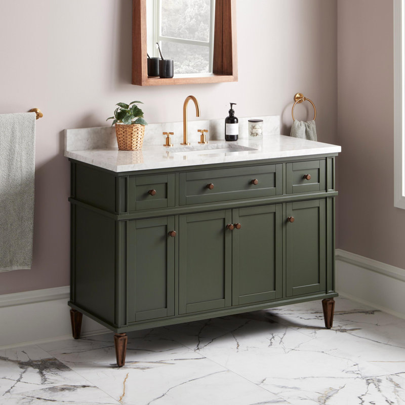 Elmdale 48" Freestanding Mahogany Single Vanity Rectangular Undermount Sink, 8" Widespread, Carrara Marble, Dark Olive Green