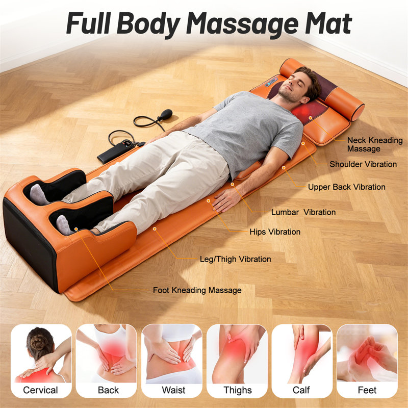Full Body Massage Mat with Detachable Foot Massager, Shiatsu Kneading & Heat, 9 Modes 9 Speeds for Neck Back Leg Pain Relief ﻿