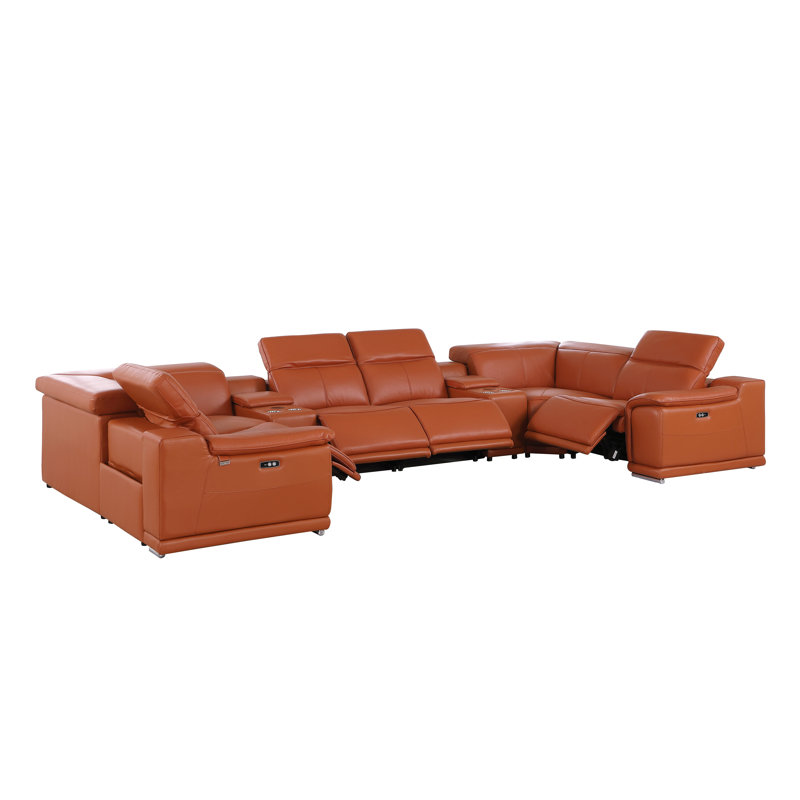 Jignesh 8 Piece 4 Power Recliner Top Grain Italian Leather Sectional, Jignesh Camel Genuine Leather
