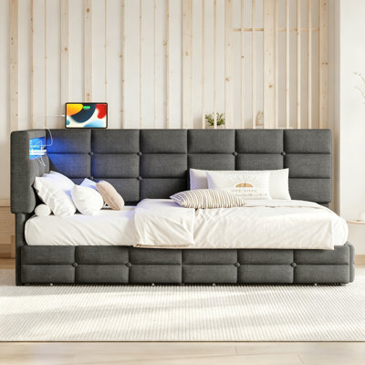 Upholstered Twin Size Daybed With Storage, Charging Station, And LED Lights, Perfect For Modern And Functional Living Spaces.