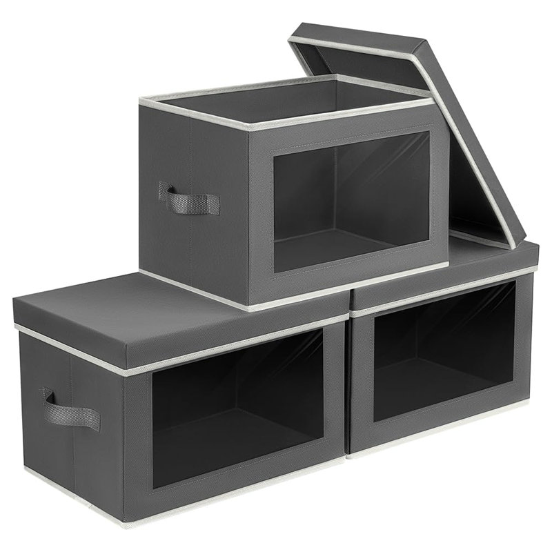 Storage Bins With Lids - Fabric Storage Boxes With Lids, Collapsible Storage Bins With Window, Decorative Closet Organizers And Storage For Clothes, Towels, Books, 3 Pack, Dark Grey