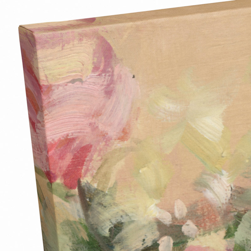 Fleurs roses - peinture, H 25,75 po x l 21,75 po x P 1,75 po, Toile brune avec cadre flottant