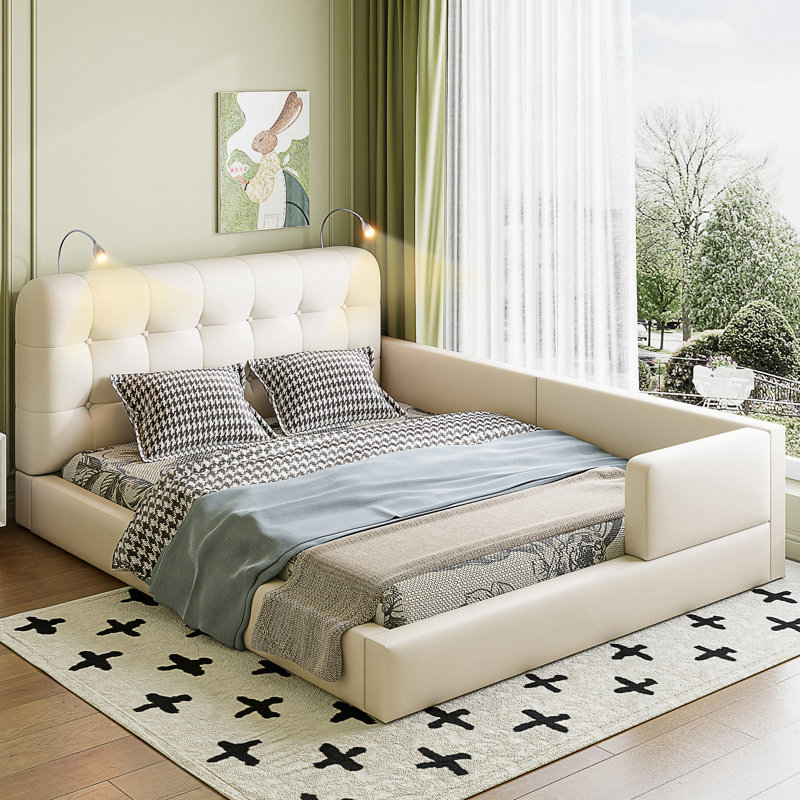 Grand lit plateforme tapissier avec 2 lampes de lecture