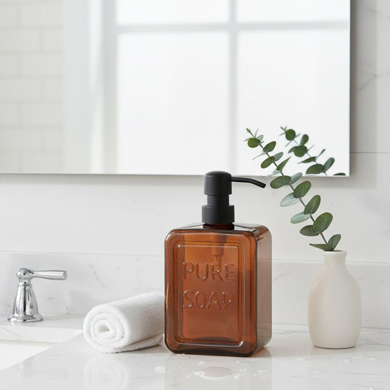 Glass Soap Dispenser PURE SOAP 18 FL OZ – Refillable Bathroom Hand Soap Bottle with Black Pump – Vintage Modern Home Accessory