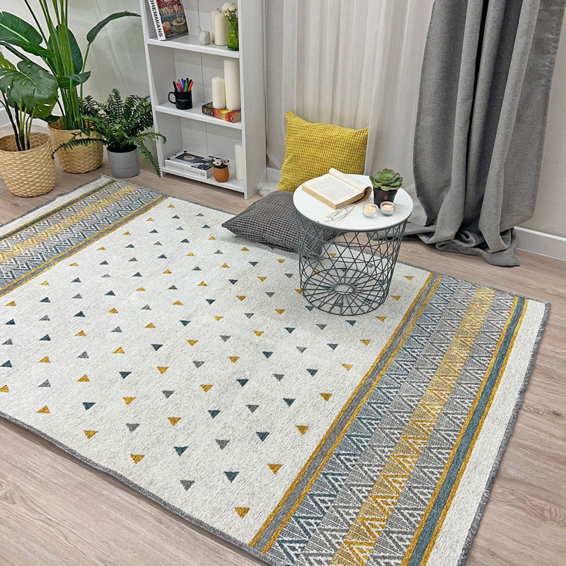 Alfa Rich Sheene Geometric Gold & Cream Washable Woven Cotton Area Rugs for Living Room Bedroom, Rectangle 4'1" x 5'9"