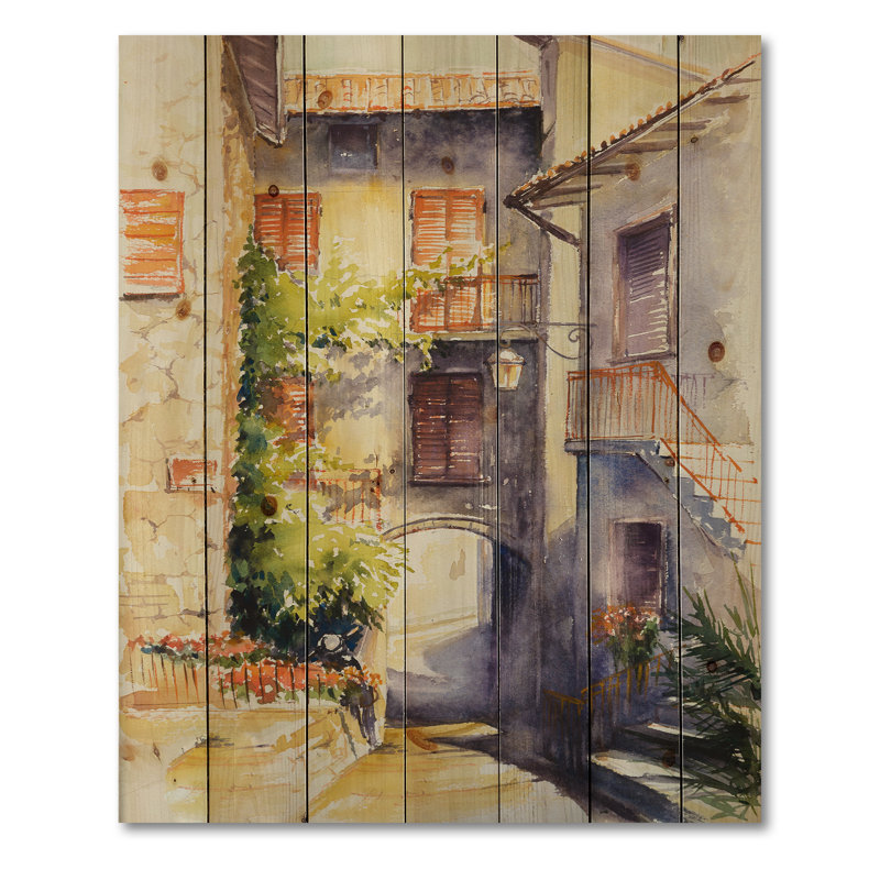 Village italien rustique et idyllique - impression champêtre sur bois de pin naturel, H 40 po x l 30 po x P 0,78 po