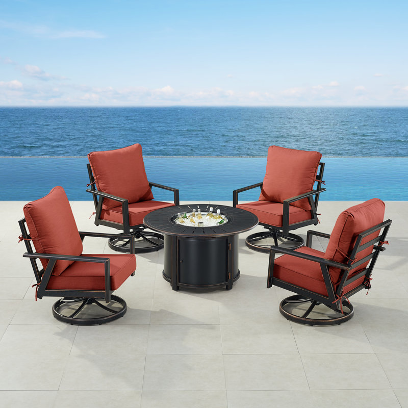 Ensemble de table de foyer en aluminium noir avec quatre fauteuils club, Rouge