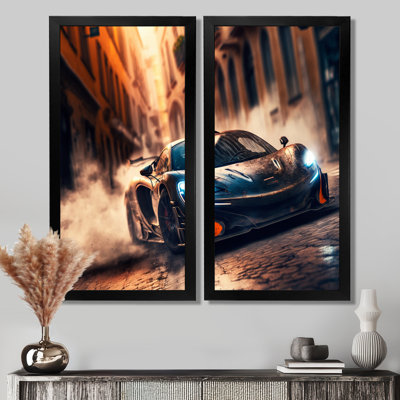 «Futuristic Black Bugatti Sports Car Racing - Cars Race Car», impressions sur toile, art mural bleu 2 pièces