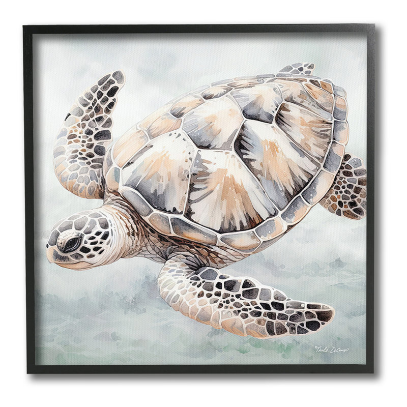 Tortue de mer détaillée, estampe numérique par Nicole Decamp, Giclée encadrée noir minuit, H 17 po x l 17 po