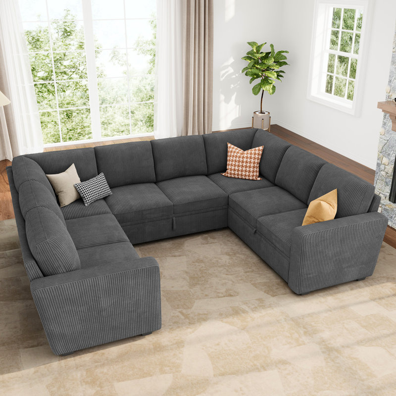 Latitude Run® Modular Sleeper Sectional Sofa Convertible U Shaped Sofa Bed, Gray Couduroy