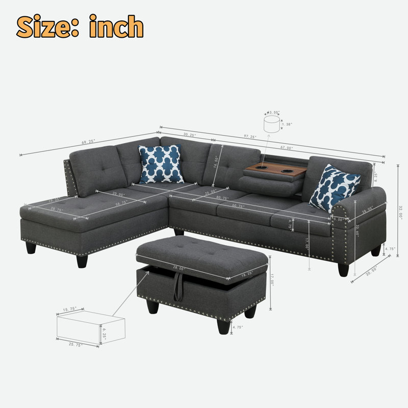 Canapé modulaire en L en lin avec garniture cloutée, porte-gobelets et repose-pieds avec rangement, Lin beige