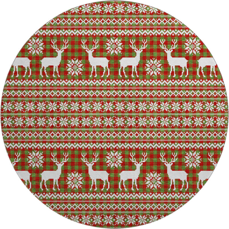Premium Machine Washable Dockside AMF1820 Reindeers and Snowflakes Rug, Round 8'