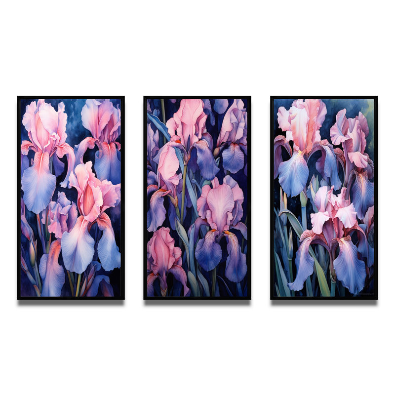 «Pink Blue Iris Petals», 3 pièces sur toile, Cadre flottant noir, H 32 po x l 48 po