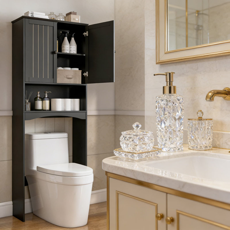 Armoire de rangement autoportante au-dessus de la toilette avec portes doubles et tablettes fixes, organisateur de salle de bain compact pour les petites salles de bain avec trousse de sécurité anti-basculement