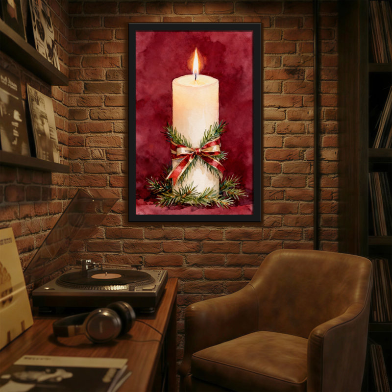 Bougie de Noël avec pin et ruban sur fond rouge