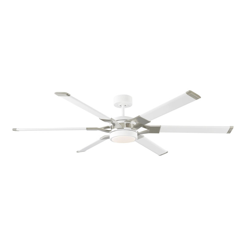 LED Downrod Ceiling Fan, Matte White/Brushed Steel with White Blades, 62 inches