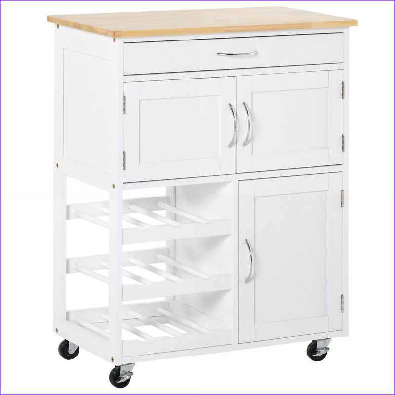 Kitchen Island on Wheels with Storage &amp; Wine Rack | Rubberwood Butcher Block Top, Ivory