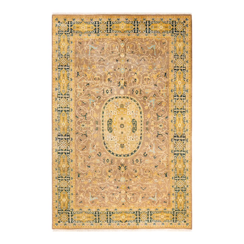 Tapis unique noué à la main brun clair de 6 pi 0 po x 9 pi 5 po Faheem