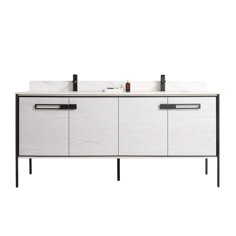 Meuble-lavabo double 72 po, Noir mat, Chêne gris doux