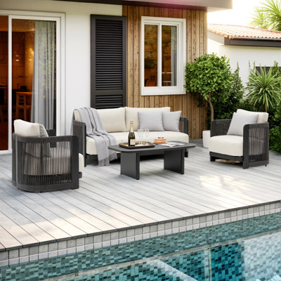 Canapé de patio moderne en corde tissée avec structure en aluminium et grain de bois; ensemble de conversation extérieur résistant aux intempéries pour piscine et jardin
