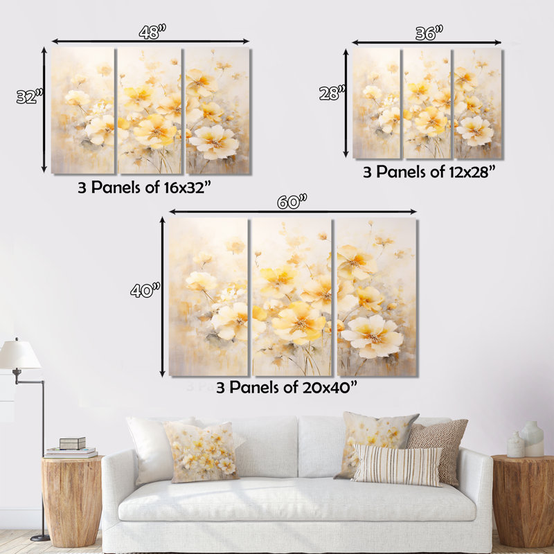Meadow Blooming, fleurs de coquelicots jaunes et blanches VI, 3 pièces, H 32 po x l 48 po x P 1 po
