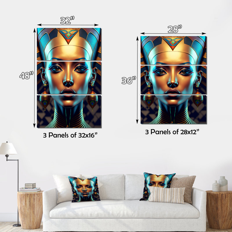 Néfertiti, belle déesse égyptienne IV, 3 pièces, H 28 po x l 36 po x P 1 po