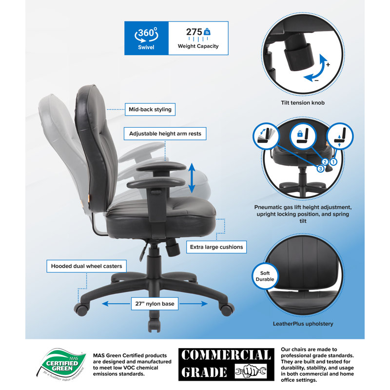 Boss 26'' Adjustable Black LeatherPlus Task Chair with Swivel