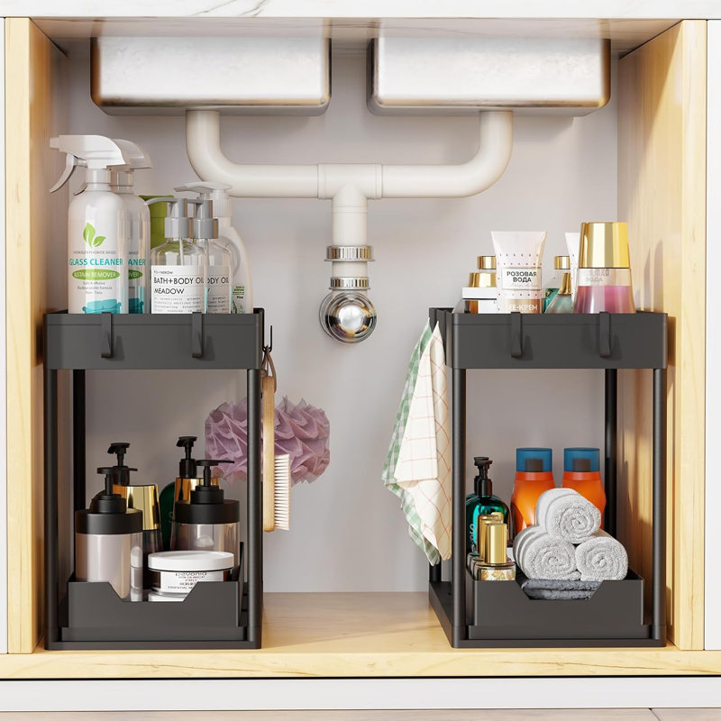 4packs Multi-Purpose Pull-Out Storage Organizers, Under Sink/Cabinet Organizers and Storage for Bathroom & Kitchen, Black