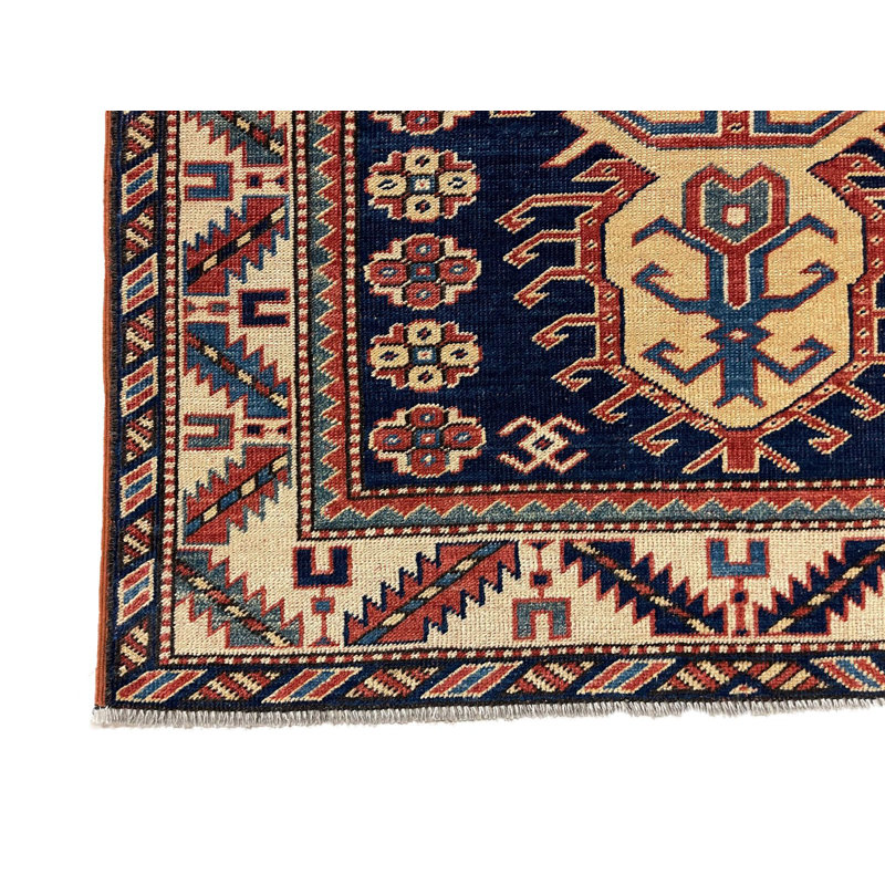 Tapis unique bleu marine / ivoire en laine 3 pi 5 po x 9 pi 2 po Tribal