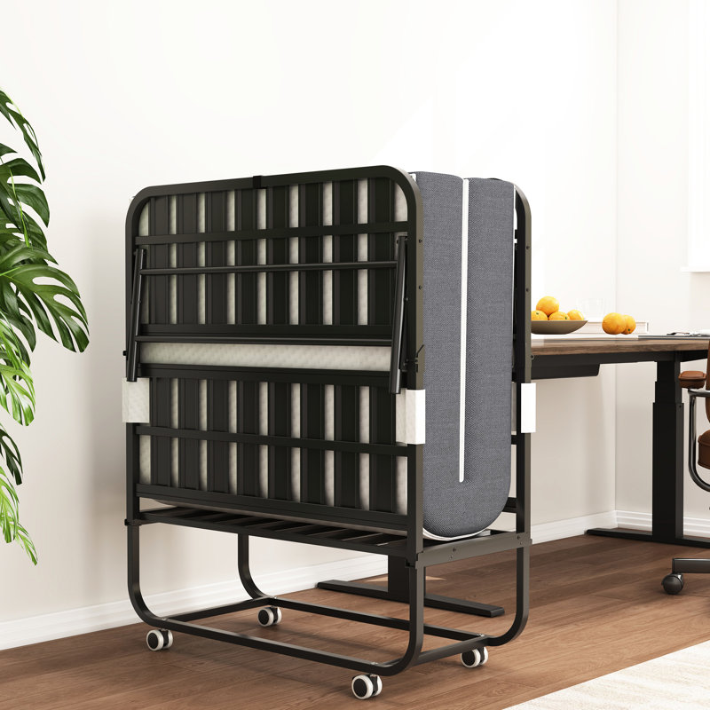 Lit pliant 3,7 po pour matelas en mousse à mémoire de forme - extra portable pour n'importe où, structure en métal, 75 po x 38 po, couleur noire avec lit d'invité de soutien, finition