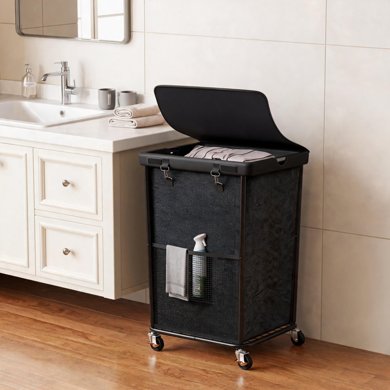 Black Tall Laundry Basket, 150L Large Capacity, Metal Frame With Wheels, Removable Inner Bag For Easy Use.