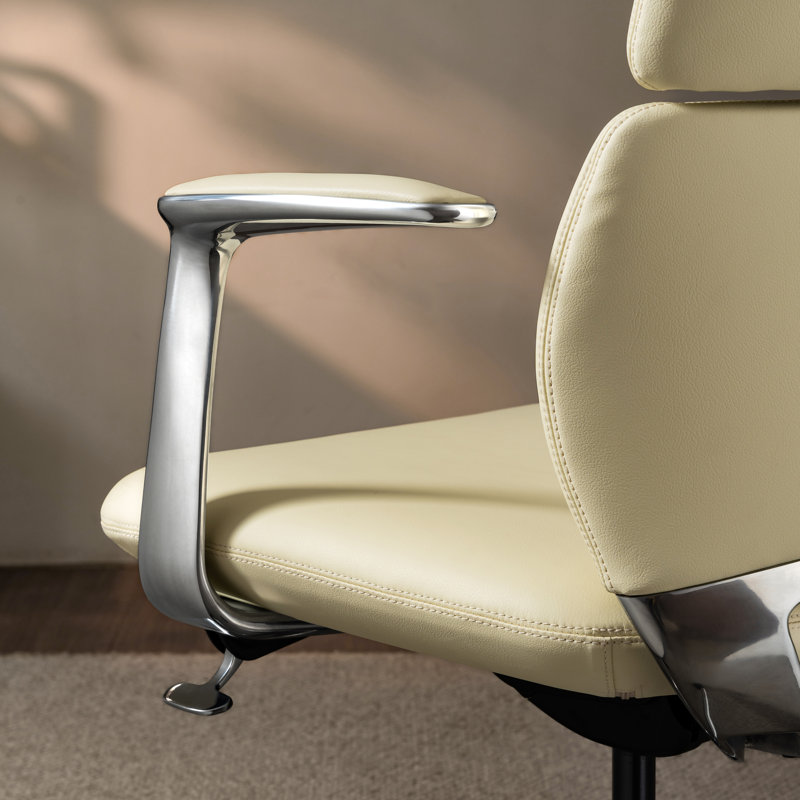 Genuine Leather Office Desk Chair with Wheels, Ergonomic Leather Executive Chair, Mid Back, Swivel Base with Adjustable Tilt, Modern Style, Luxury Aluminum Frame(Cream)