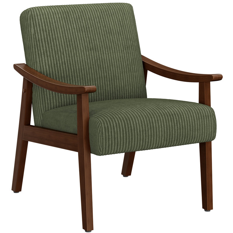 Fabric Mid-Century Modern Armchair, Dark Green Corduroy/Espresso Wood