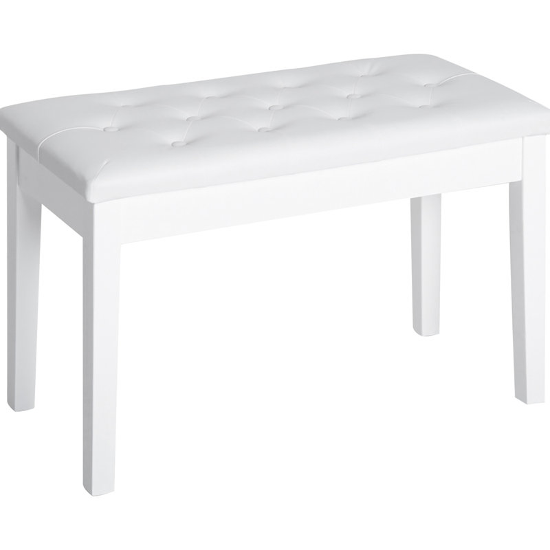 Banc de piano recouvert de similicuir blanc, avec cadre en bois pour une utilisation en duo et un siège d'étude rembourré.