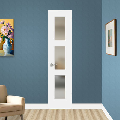Pre-drilled 80" Height 3-lite Frosted Tempered Glass And Solid Manufactured Wood White Primed Slab Door