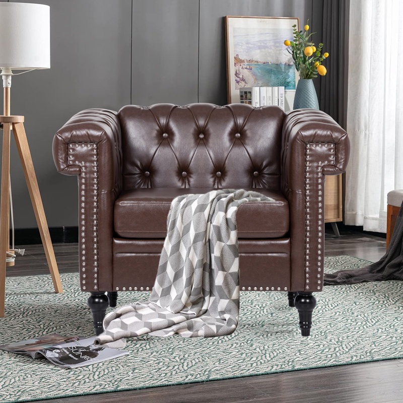 Upholstered Sofa  Button Tufted, PU Chesterfield Accent Chair For Living Room Apartment, 1 Seat  ,PU Black, Similicuir brun