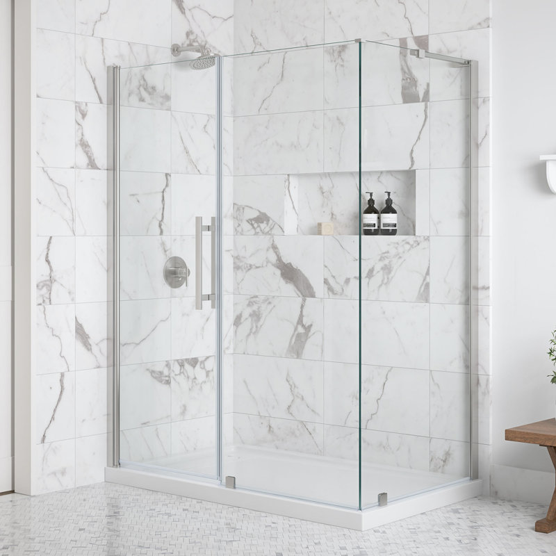 OVE Breeze Pivot 60 in. W x 36 in. D x 74 3/4 in. H Corner Frameless Pivot Shower Door Kit in Satin Nickel with Base Pan
