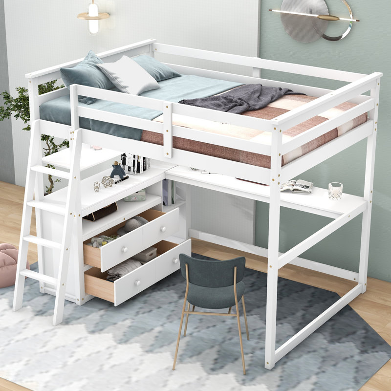  Lit mezzanine double avec bureau intégré, tablettes ouvertes et deux compartiments de rangement, blanc, Blanc