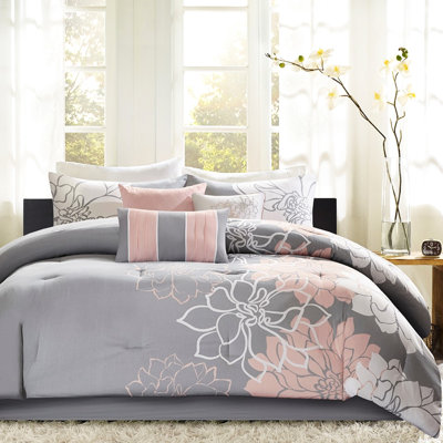 Édredon simple / simple en coton imprimé gris TG / avec jupe de lit et 3 coussins décoratifs glamour